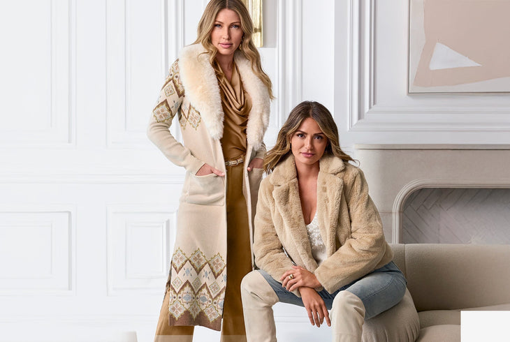 Models wearing cozy winter layers in neutral tones.